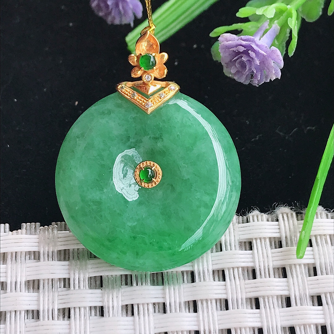 实拍A货翡翠25/6老坑18k金镶嵌满绿平安扣吊坠翡翠玉挂件