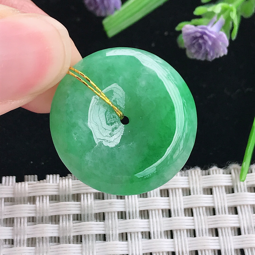 实拍A货翡翠25.5/6老坑精美温润阳绿满绿平安扣吊坠翡翠玉扣挂件