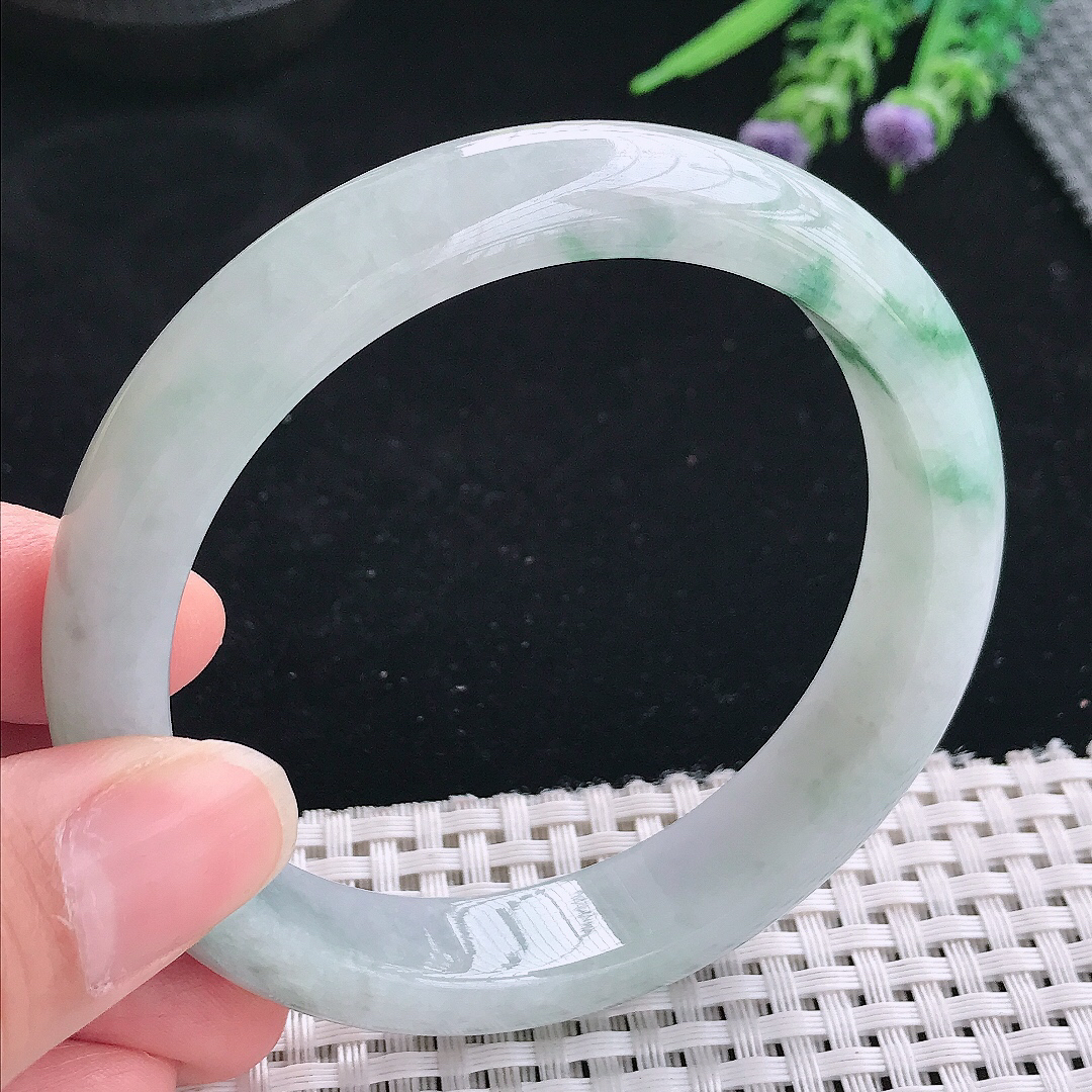 实拍天然翡翠60.6/12.8//8.5大圈口老坑精美温润飘花手镯玉镯手环