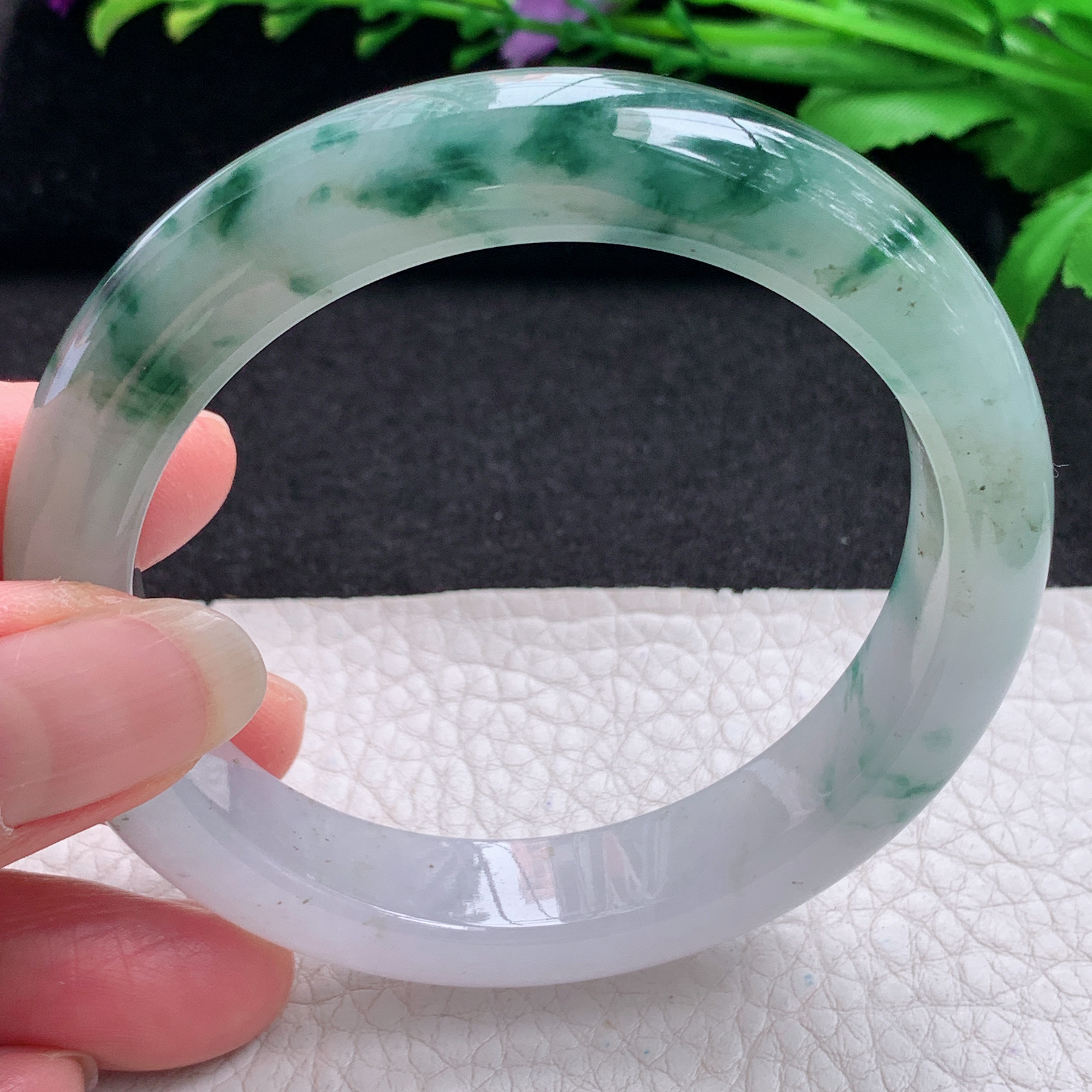 lpa飘逸款57*12.3*9平安镯 缅甸翡翠A货玉手镯精美冰飘花正圈玉手环