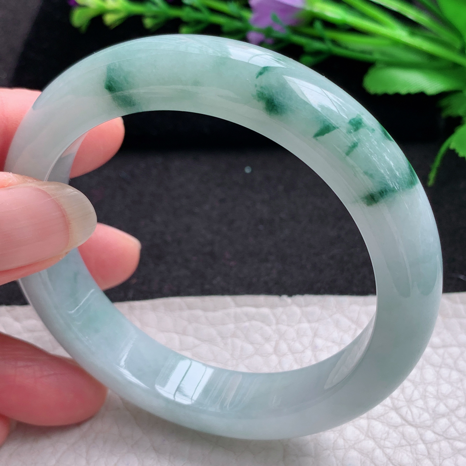 r飘逸款56*12.6*9平安镯 缅甸翡翠A货玉手镯精美冰飘花宽边玉手镯
