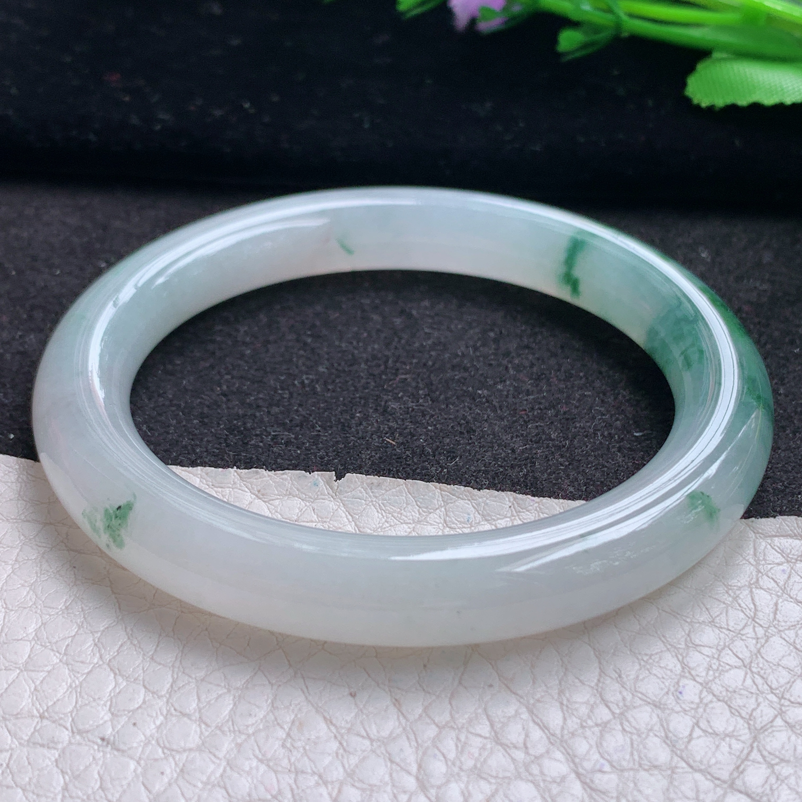 xc实拍53.5*9*美人镯 缅甸翡翠A货玉手镯精美冰飘花秀气圆条玉手镯