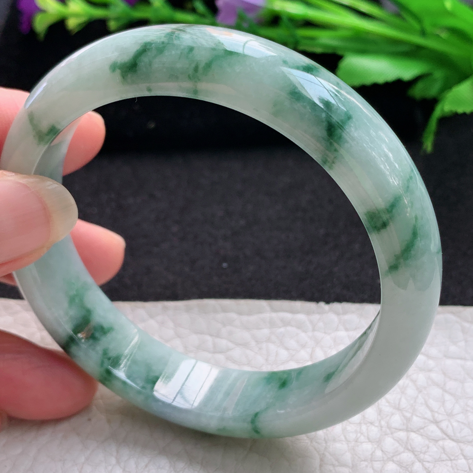 js实拍57.5*13.6*7.6平安镯 缅甸翡翠A货玉手镯精美飘花正圈玉手镯