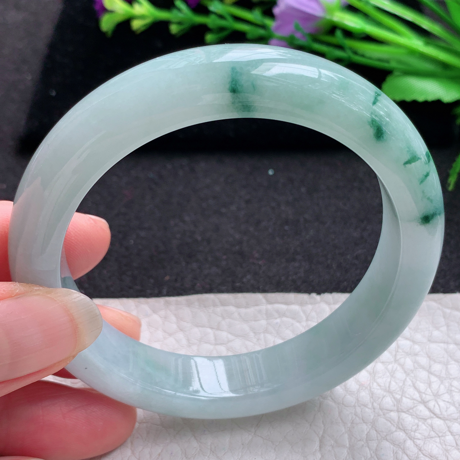 r飘逸款56*12.6*9平安镯 缅甸翡翠A货玉手镯精美冰飘花宽边玉手镯