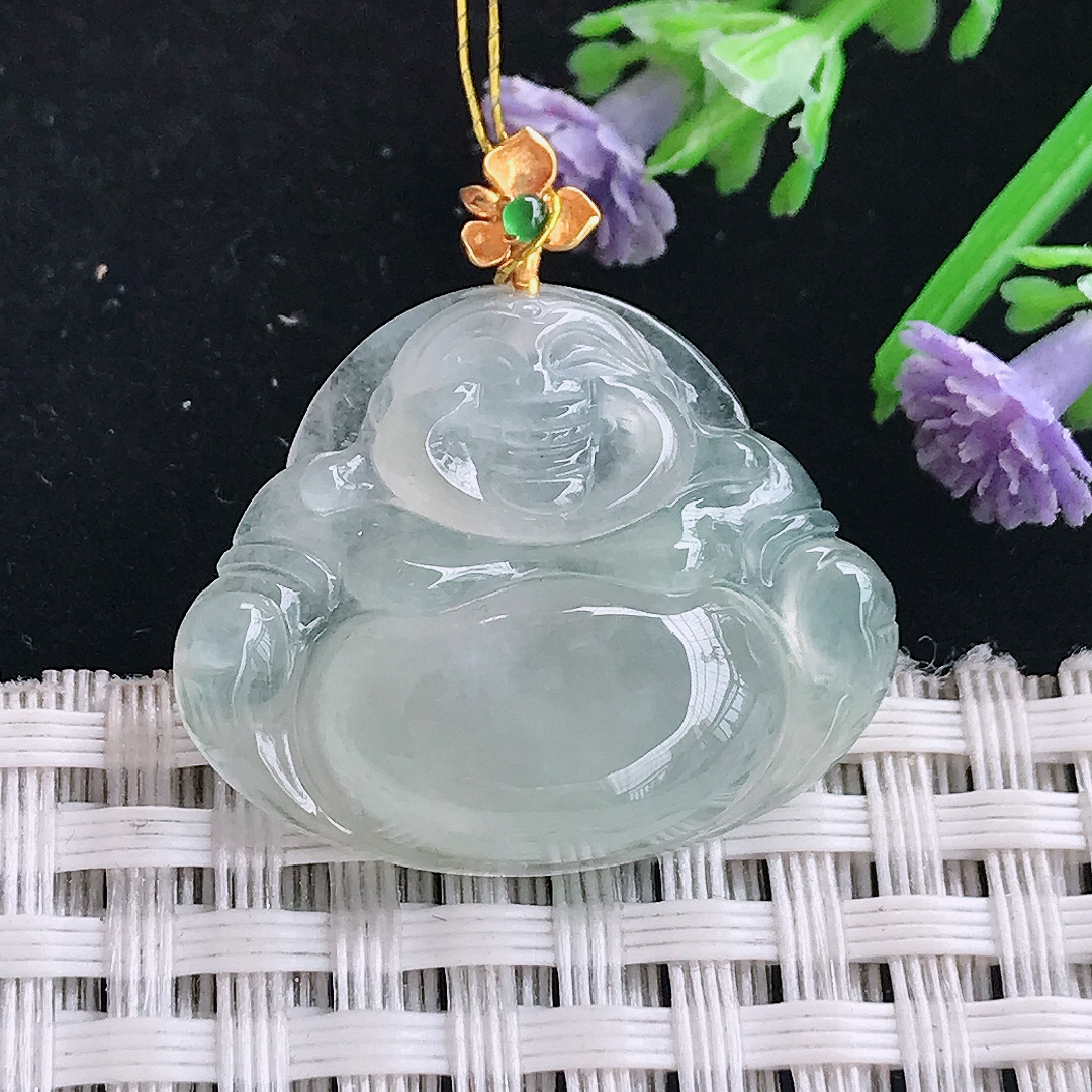 实拍A货翡翠22.6/27.3/5.8老坑18k金镶嵌冰种佛公吊坠翡翠玉佛挂件