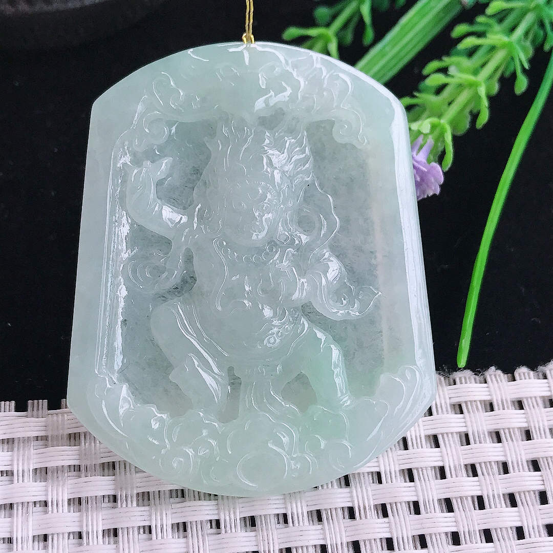 实拍A货翡翠55.5/45/5老坑冰润水灵冰晴底不动明王吊坠翡翠玉挂件