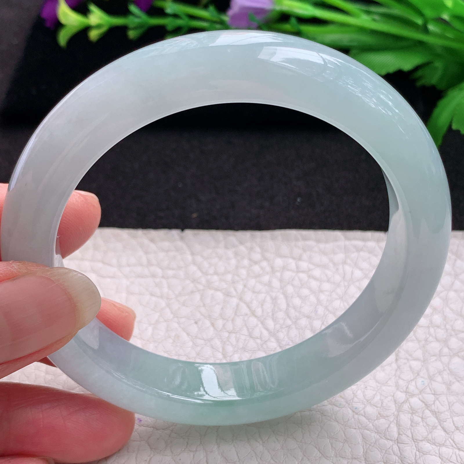 xo清新款59.5*12.5*9.5平安镯 缅甸翡翠A货玉手镯精美冰胶蓝韵正圈玉手环