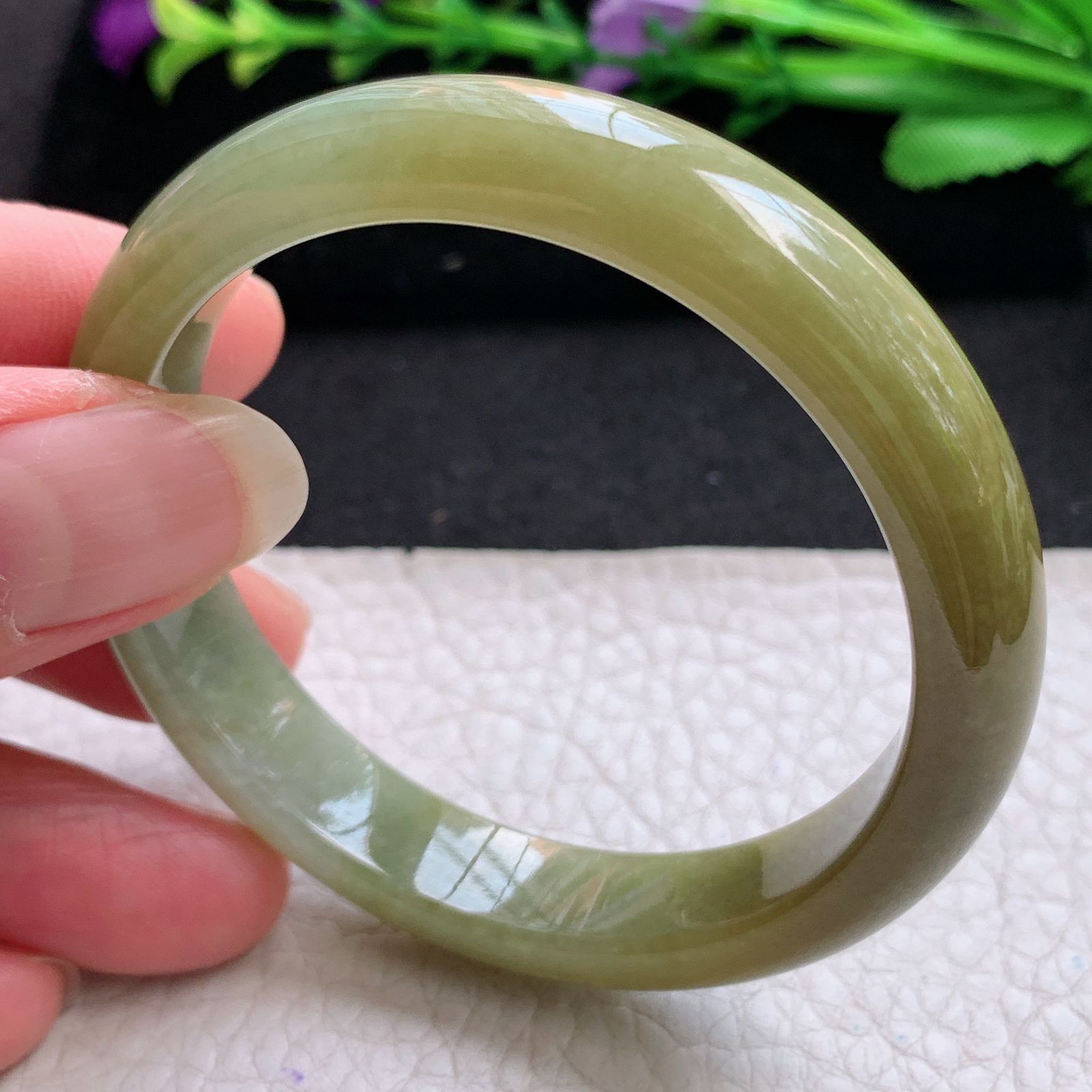 z小圈口51*10.5*7平安镯 缅甸翡翠A货玉手镯精美冰黄正圈玉手镯