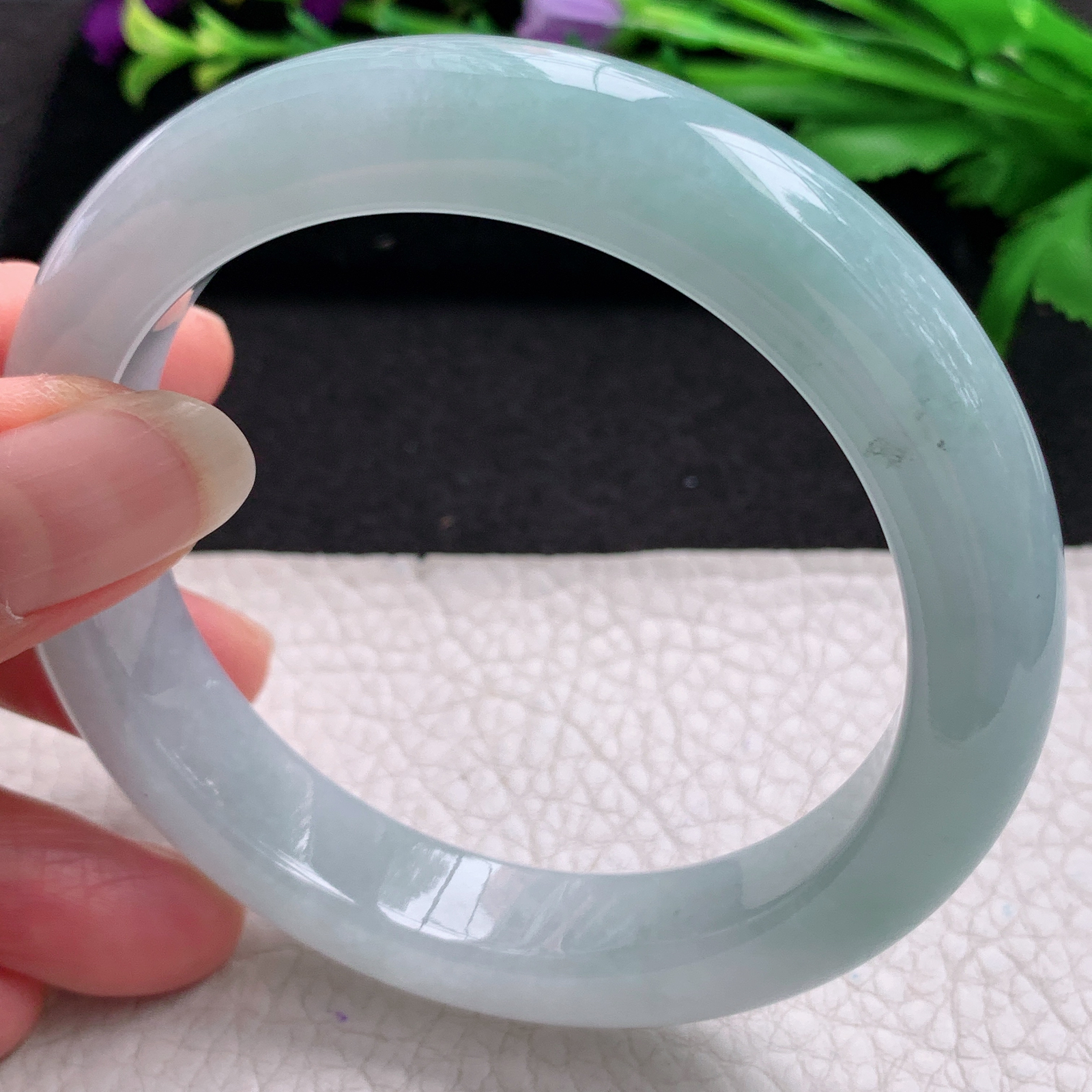 xo清新款59.5*12.5*9.2平安镯 缅甸翡翠A货玉手镯精美冰胶蓝韵正圈玉手环