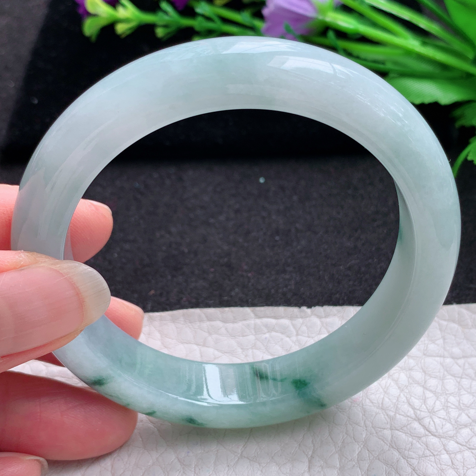 r飘逸款56*12.6*9平安镯 缅甸翡翠A货玉手镯精美冰飘花宽边玉手镯