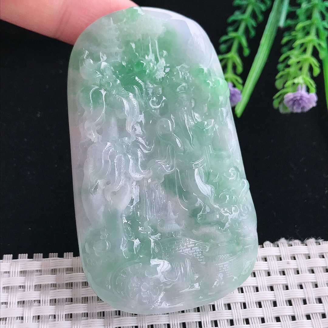 实拍A货翡翠78/46/13.5老坑冰润起胶飘绿山水财神吊坠翡翠玉财神爷挂件