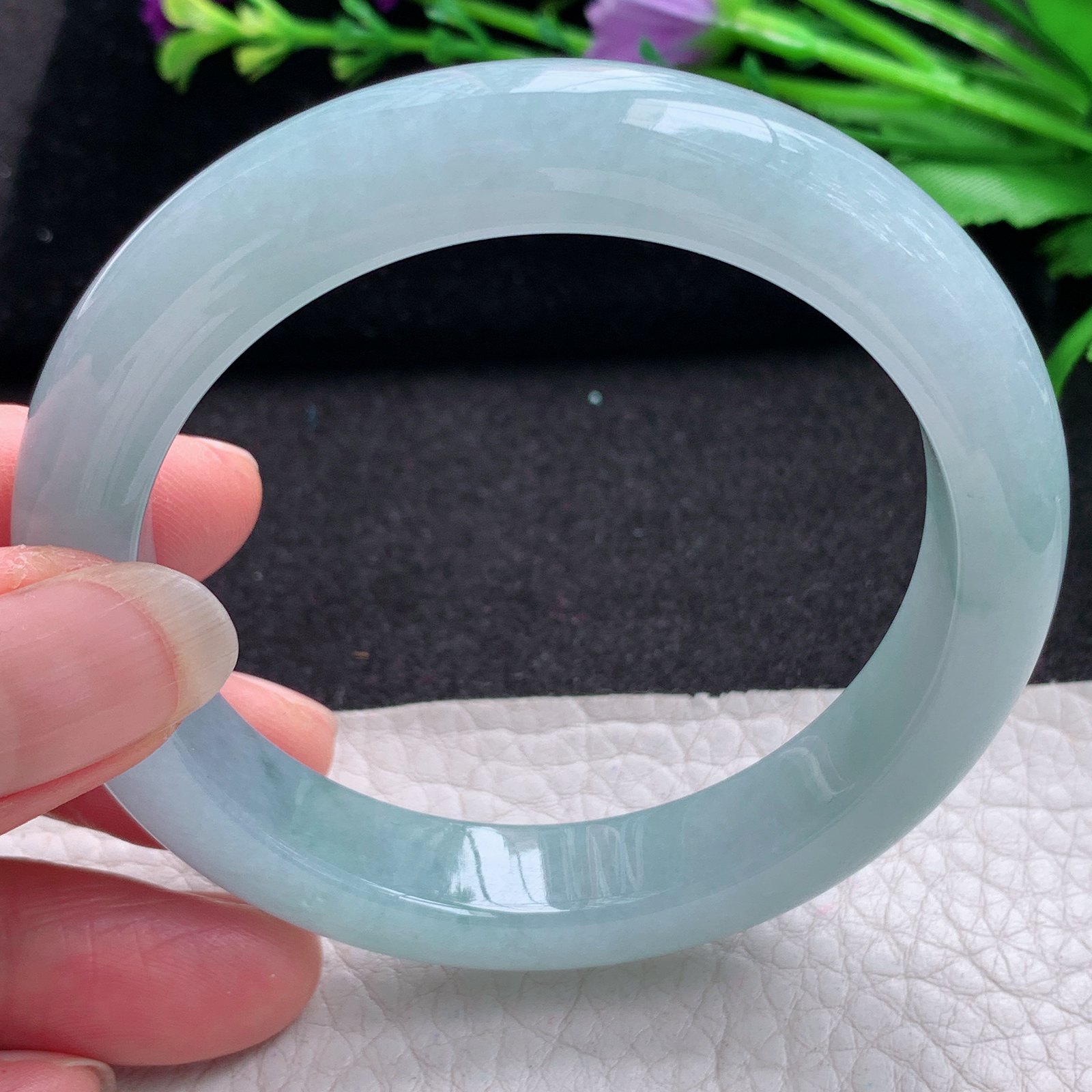 r飘逸款56*12*9平安镯 缅甸翡翠A货玉手镯精美蓝韵飘花宽边玉手镯