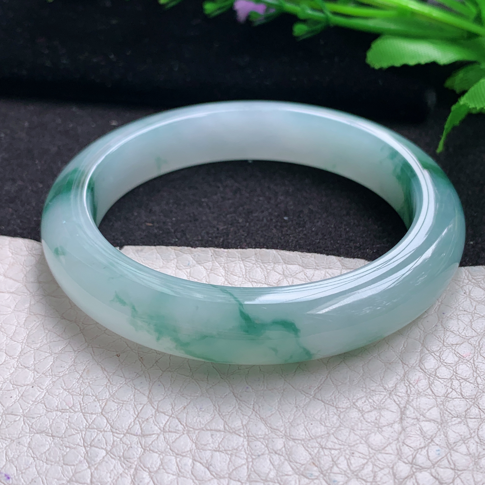 yh飘逸款55*11.5*8.6平安镯 缅甸翡翠A货玉手镯精美冰飘花宽边玉手镯