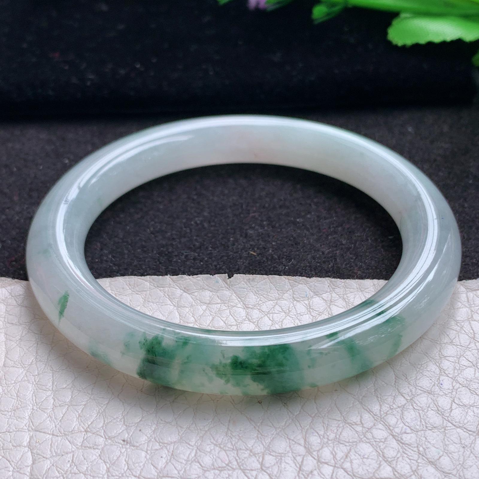 xc实拍53.5*9*美人镯 缅甸翡翠A货玉手镯精美冰飘花秀气圆条玉手镯