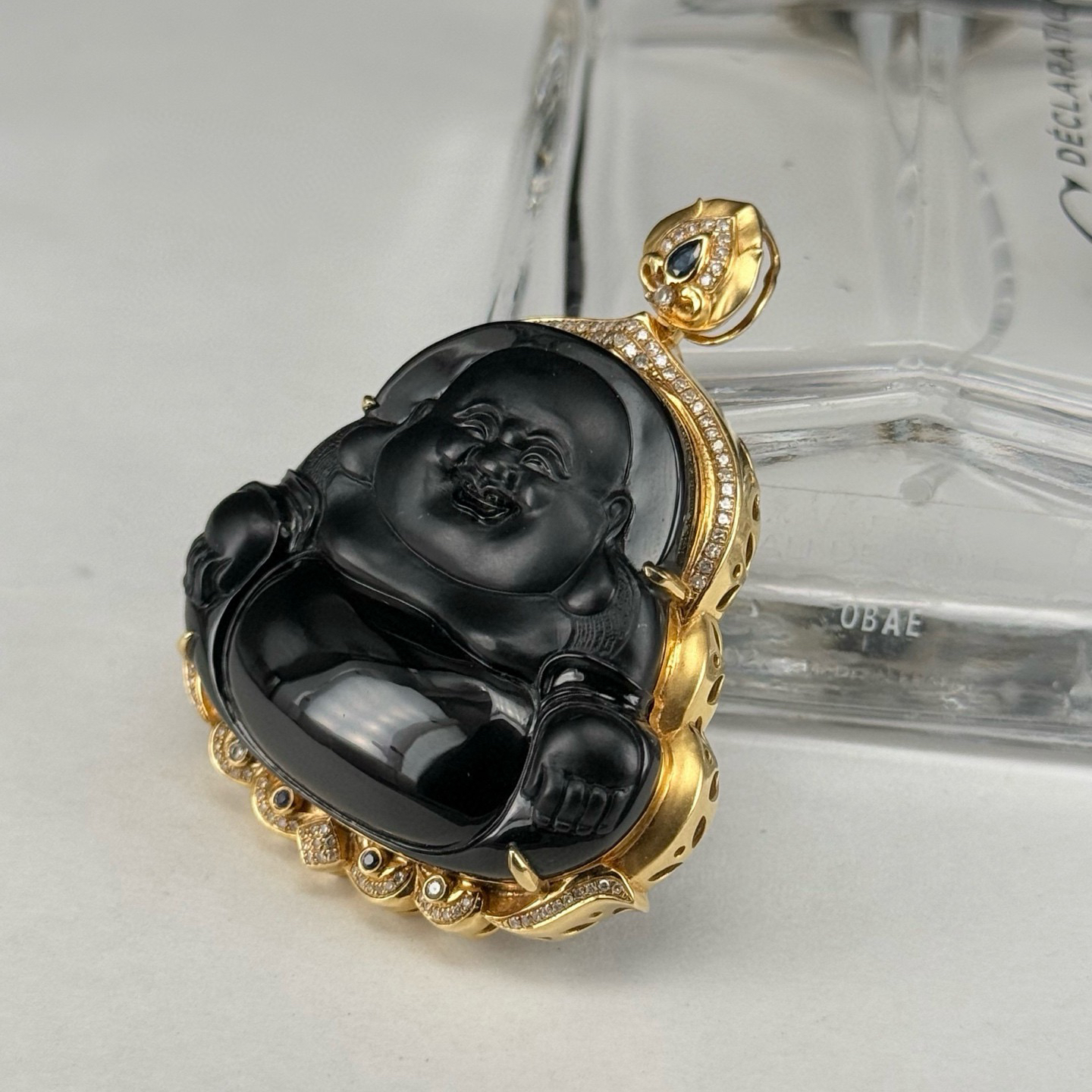 精品18k墨翠大肚佛 种好色正 黑度极好 打灯通透 油性十足  尺寸49.2