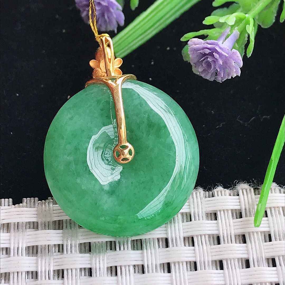 实拍A货翡翠25/6老坑18k金镶嵌满绿平安扣吊坠翡翠玉挂件