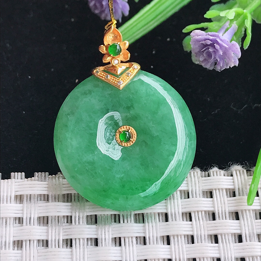实拍A货翡翠25/6老坑18k金镶嵌满绿平安扣吊坠翡翠玉挂件