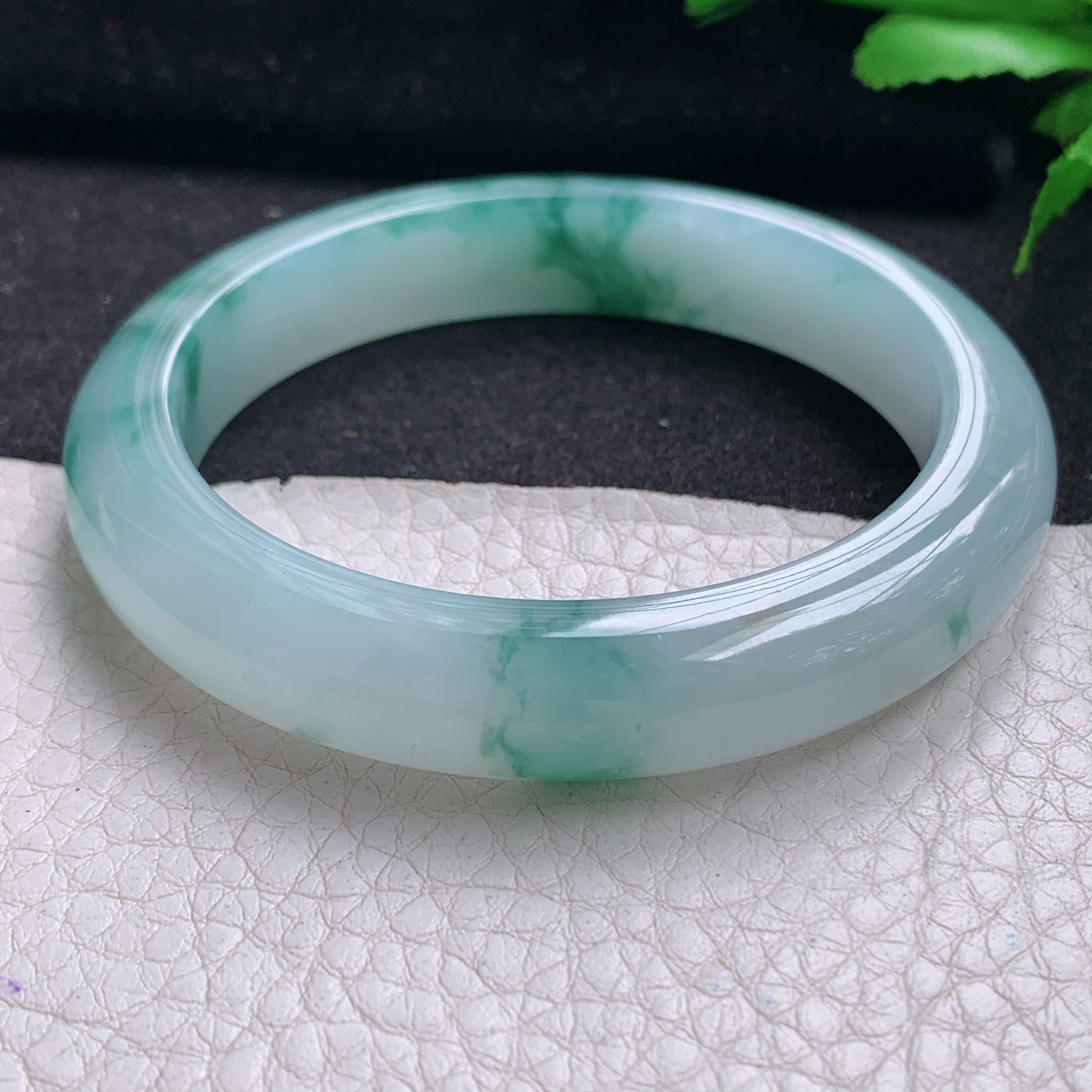 yh飘逸款55*11.5*8.6平安镯 缅甸翡翠A货玉手镯精美冰飘花宽边玉手镯