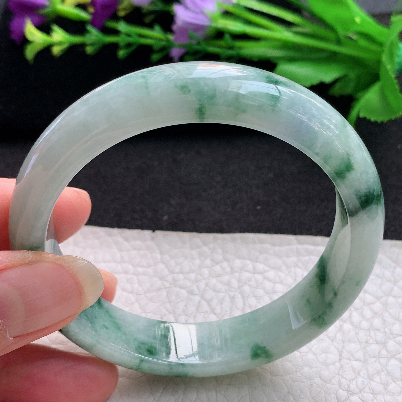 js实拍57.5*13.6*7.6平安镯 缅甸翡翠A货玉手镯精美飘花正圈玉手镯