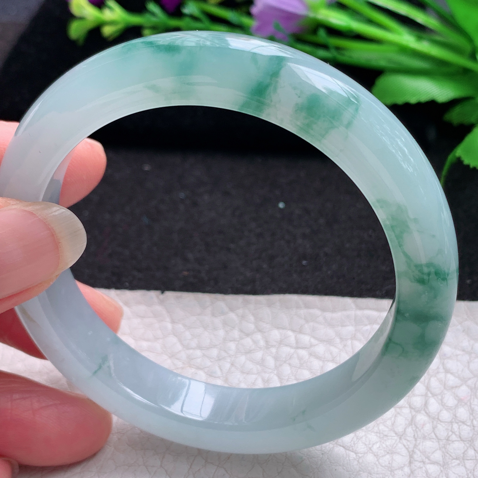 yh飘逸款55*11.5*8.6平安镯 缅甸翡翠A货玉手镯精美冰飘花宽边玉手镯