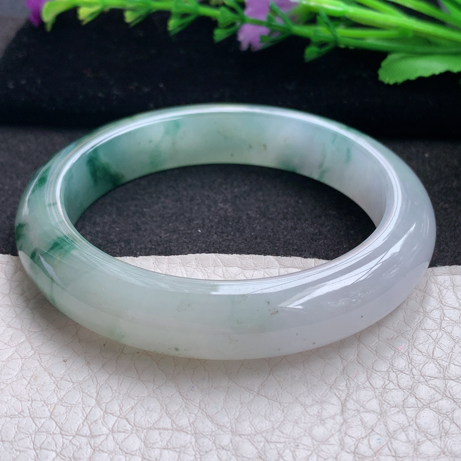 lpa飘逸款57*12.3*9平安镯 缅甸翡翠A货玉手镯精美冰飘花正圈玉手环