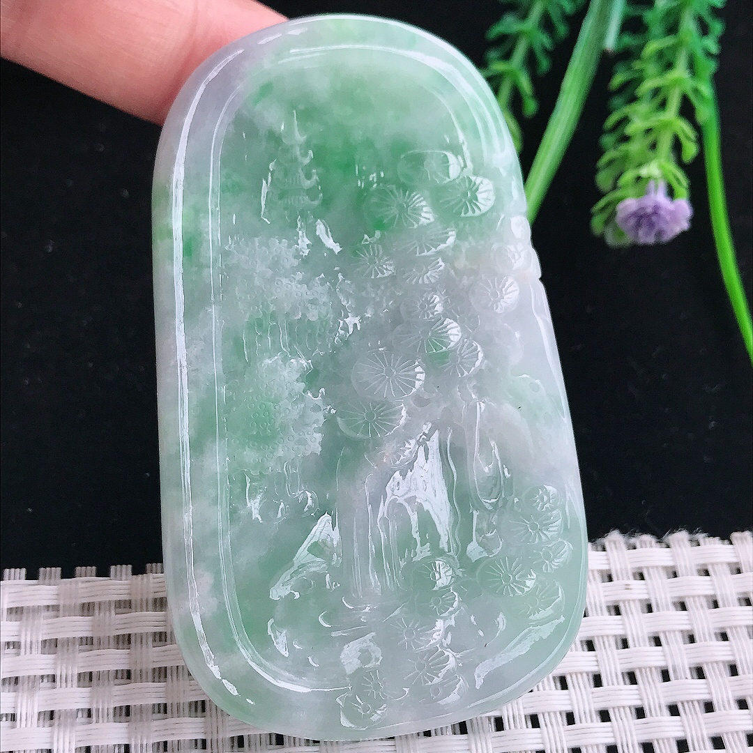 实拍A货翡翠78/46/13.5老坑冰润起胶飘绿山水财神吊坠翡翠玉财神爷挂件