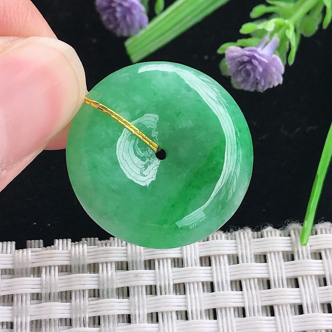 实拍A货翡翠25.5/6老坑精美温润阳绿满绿平安扣吊坠翡翠玉扣挂件