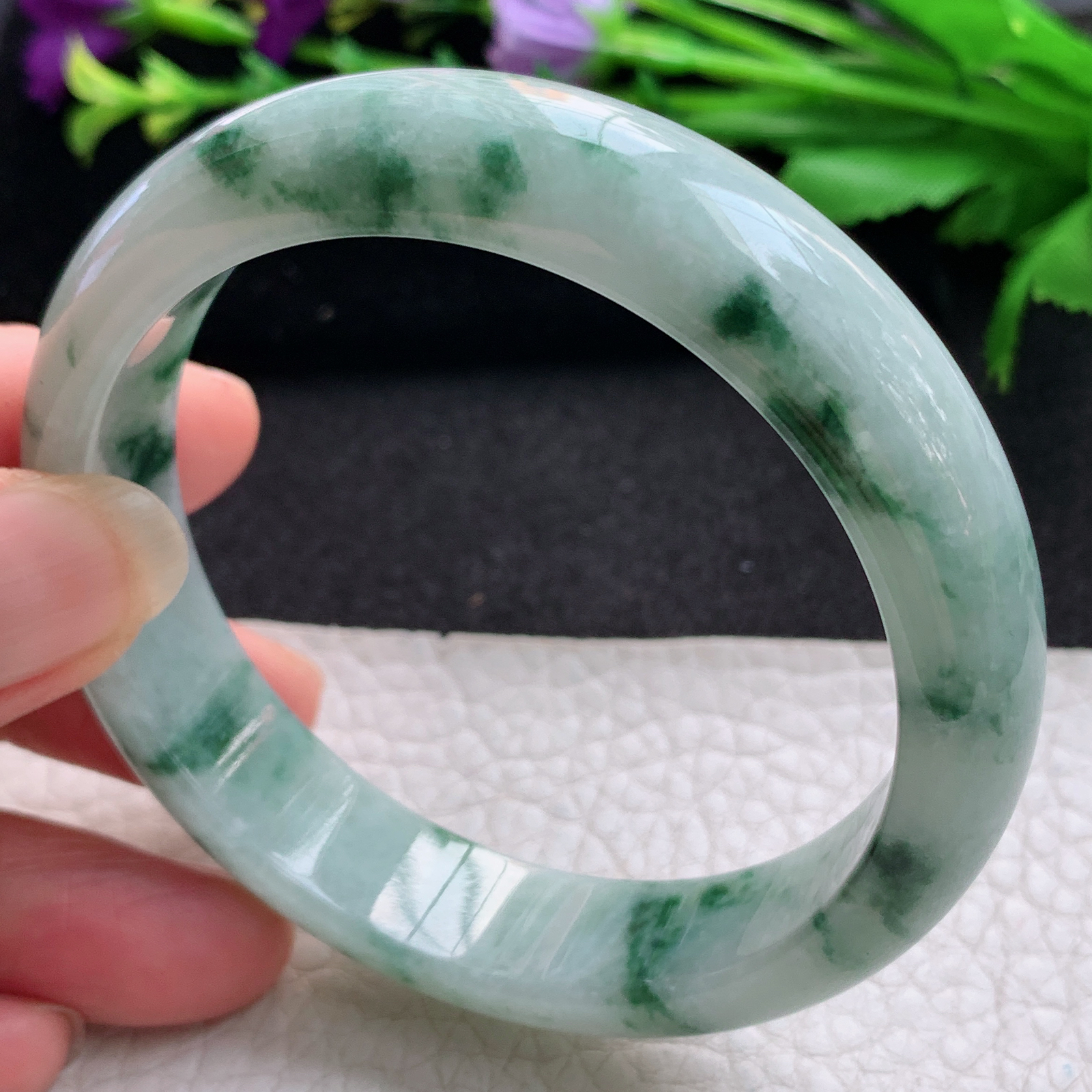 js实拍57.5*13.6*7.6平安镯 缅甸翡翠A货玉手镯精美飘花正圈玉手镯