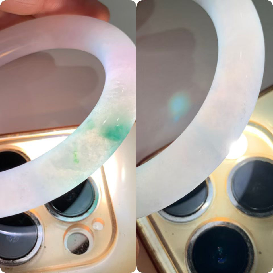 春彩圆条手镯尺寸51.5*10*10 糯化底子细腻如凝脂，淡紫底晕染着一抹鲜活绿花，像春日里的薄雾与新芽，上手温润，古典韵味拉满！