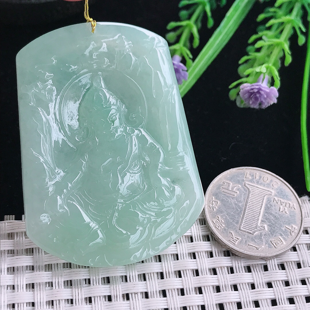 实拍A货翡翠54.8/41.3/5.5老坑冰润起胶冰晴绿黄财神吊坠翡翠玉挂件