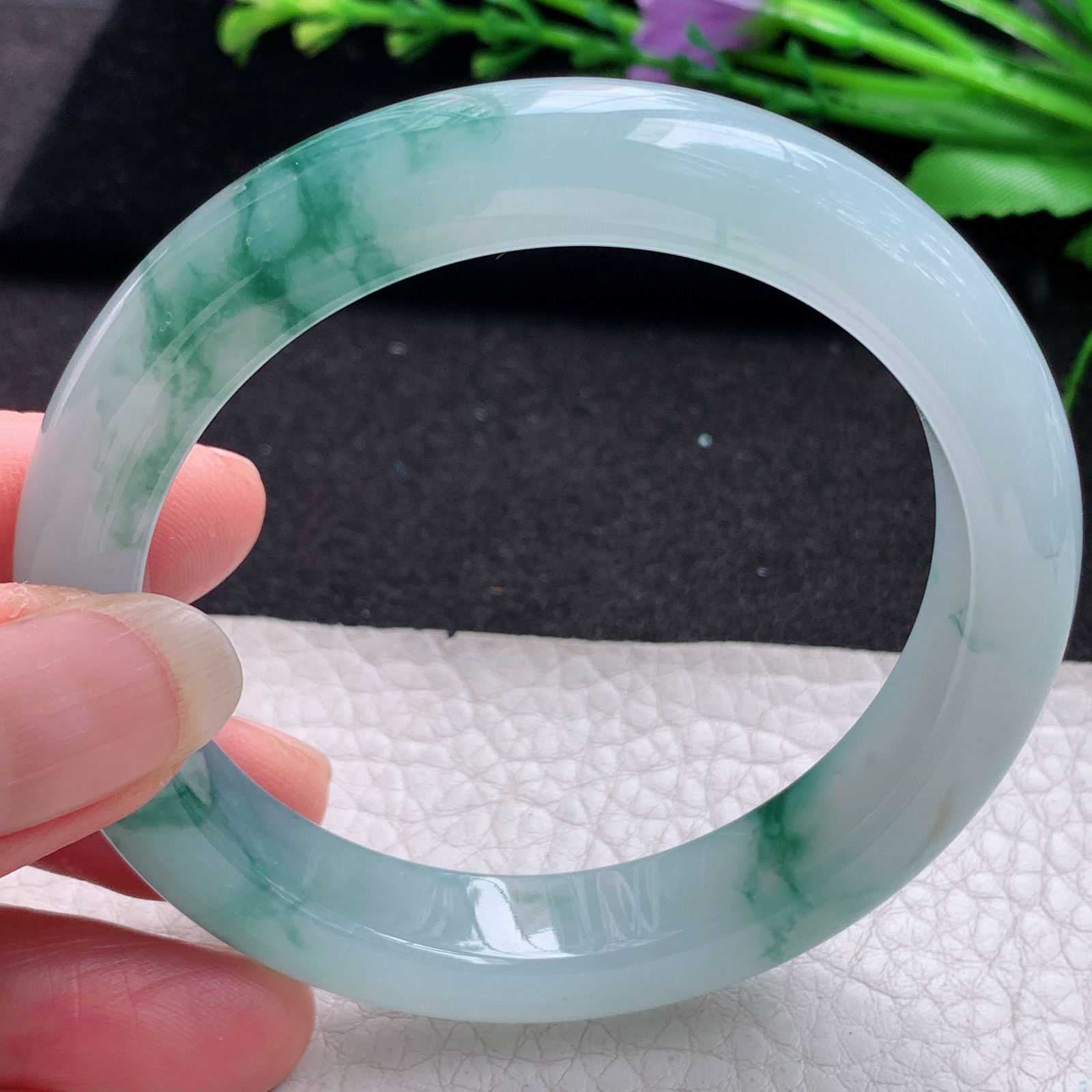 yh飘逸款55*11.5*8.6平安镯 缅甸翡翠A货玉手镯精美冰飘花宽边玉手镯