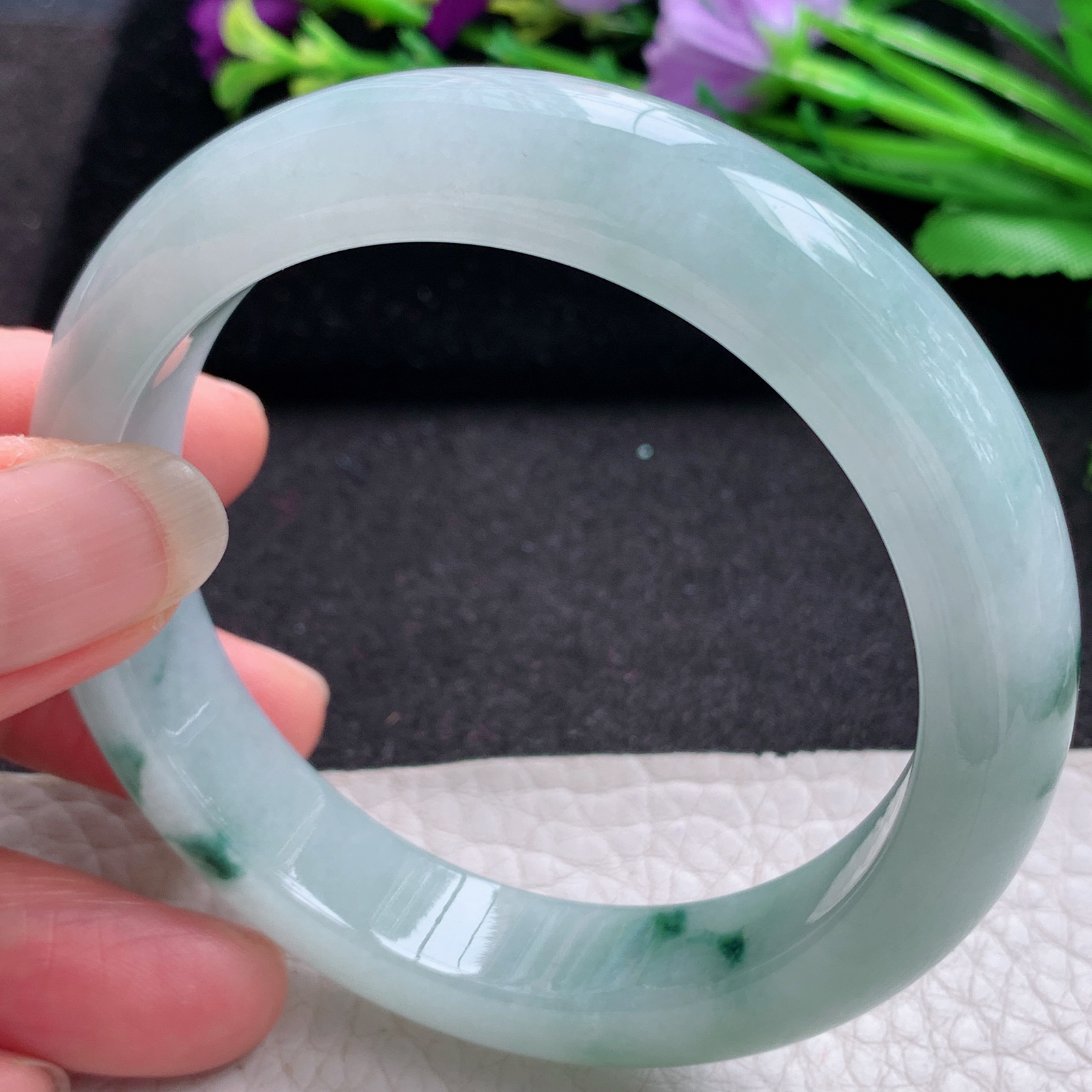 r飘逸款56*12.6*9平安镯 缅甸翡翠A货玉手镯精美冰飘花宽边玉手镯