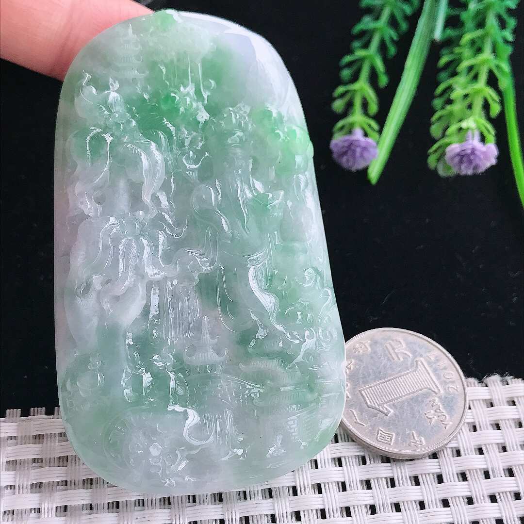 实拍A货翡翠78/46/13.5老坑冰润起胶飘绿山水财神吊坠翡翠玉财神爷挂件