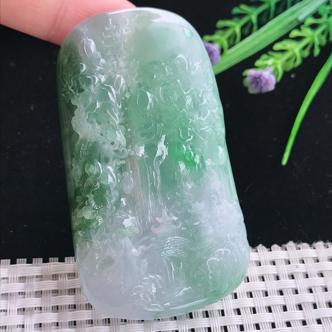 实拍A货翡翠75/43.5/13.5老坑冰胶水灵飘绿大好河山山水牌吊坠翡翠玉挂件