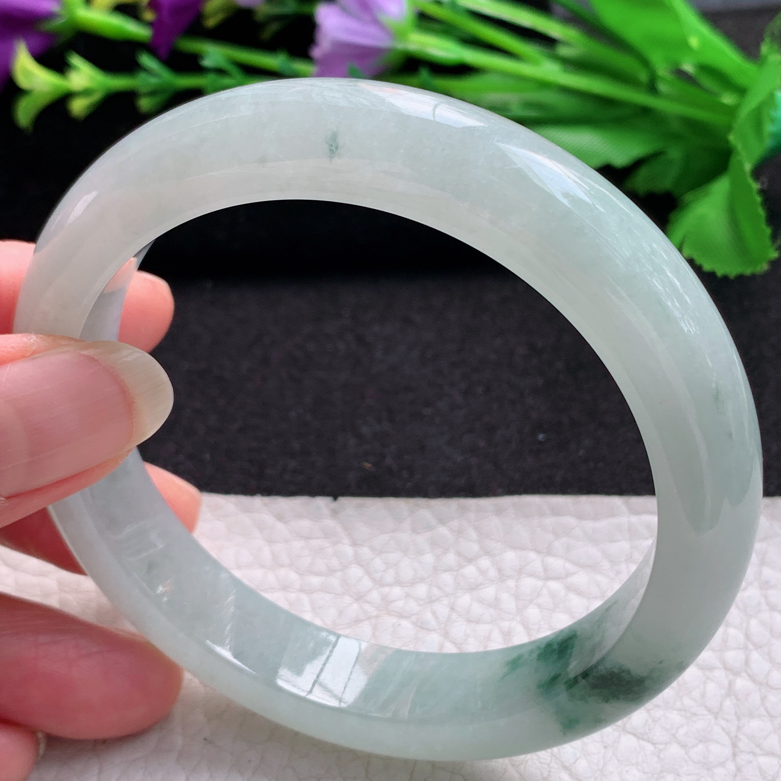 fl大圈口60*12.3*8.8平安镯 缅甸翡翠A货玉手镯精美飘花大气正圈玉手镯