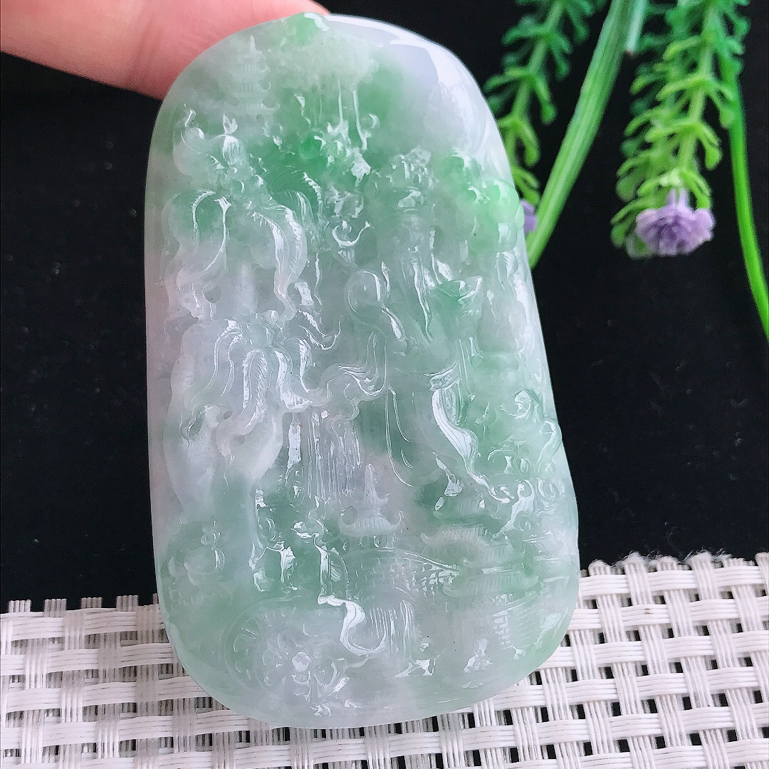 实拍A货翡翠78/46/13.5老坑冰润起胶飘绿山水财神吊坠翡翠玉财神爷挂件