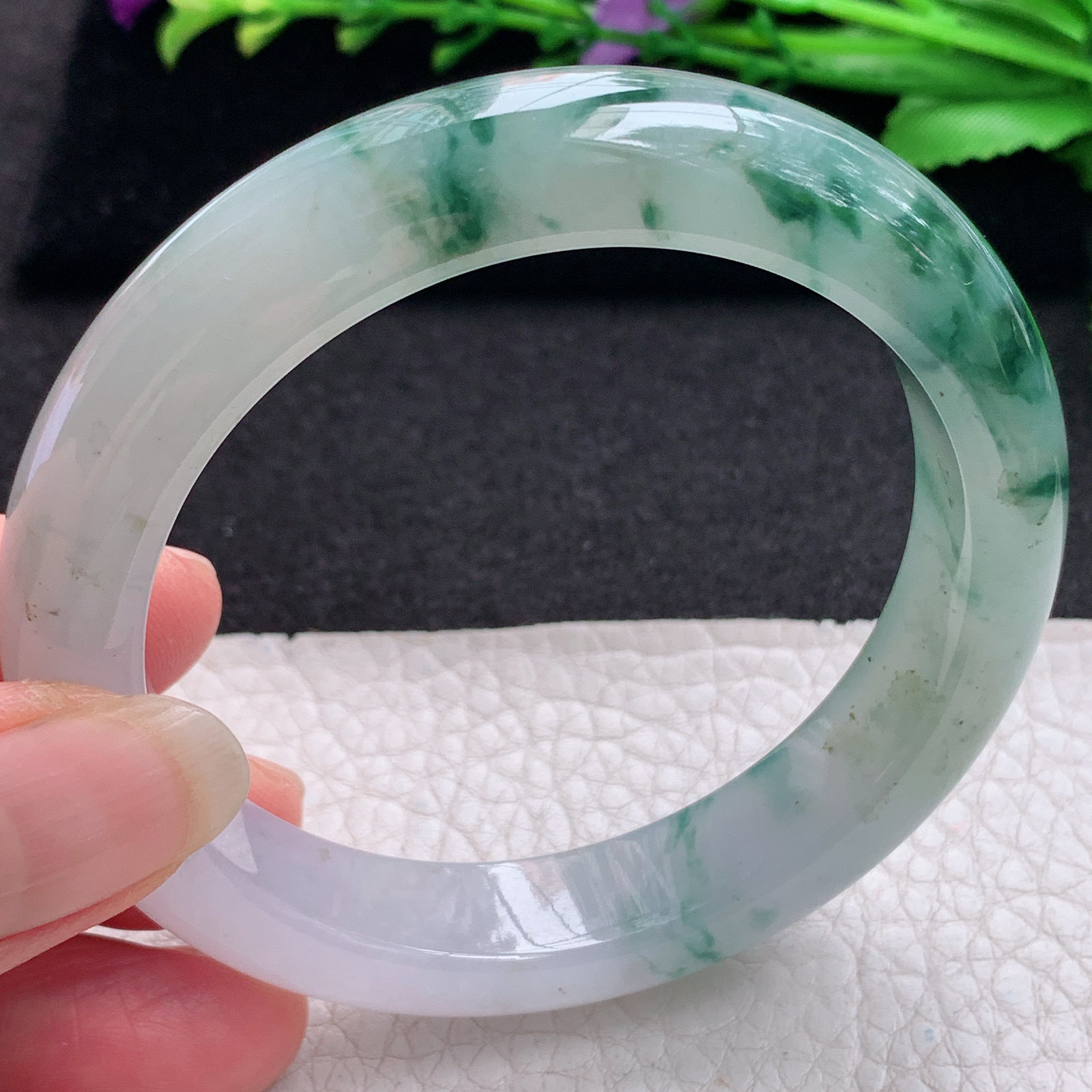 lpa飘逸款57*12.3*9平安镯 缅甸翡翠A货玉手镯精美冰飘花正圈玉手环