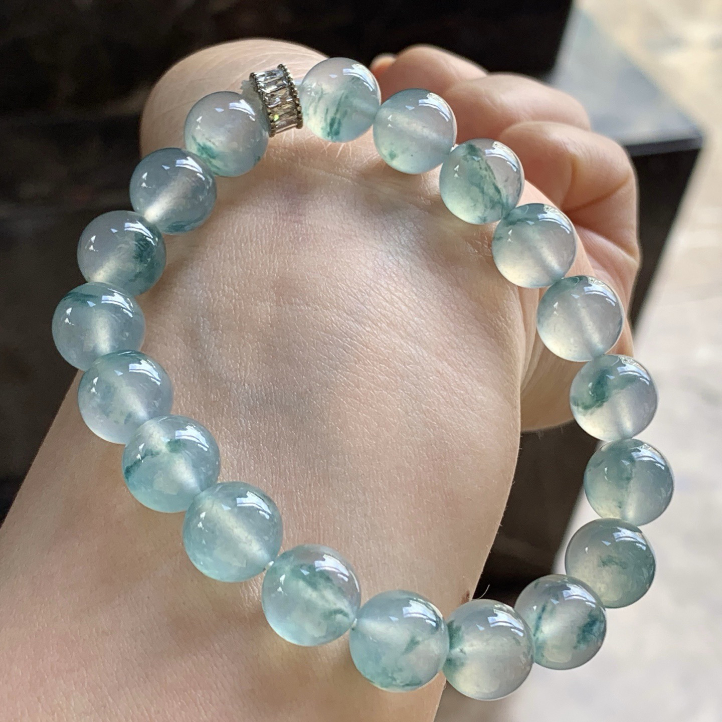 高冰蓝花手串^_^冰透 荧光十足