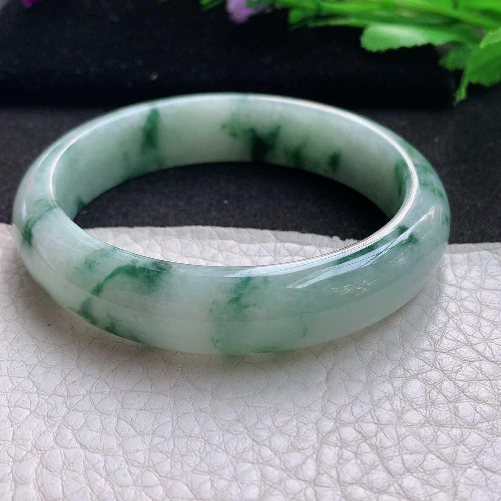 js实拍57.5*13.6*7.6平安镯 缅甸翡翠A货玉手镯精美飘花正圈玉手镯