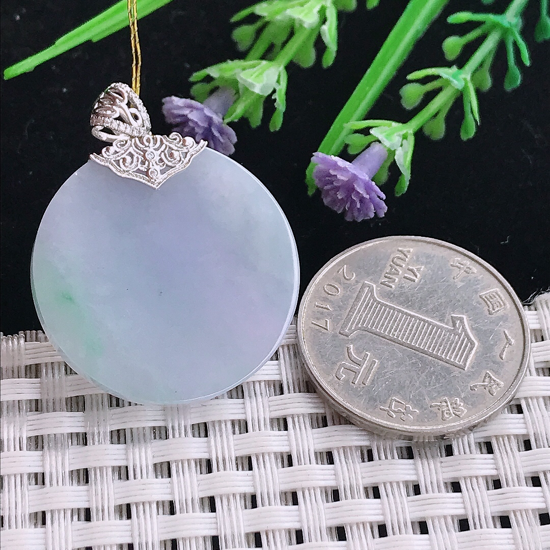 实拍A货翡翠27.8/3.5老坑18k金镶嵌冰润紫罗兰圆牌吊坠翡翠玉无事牌挂件