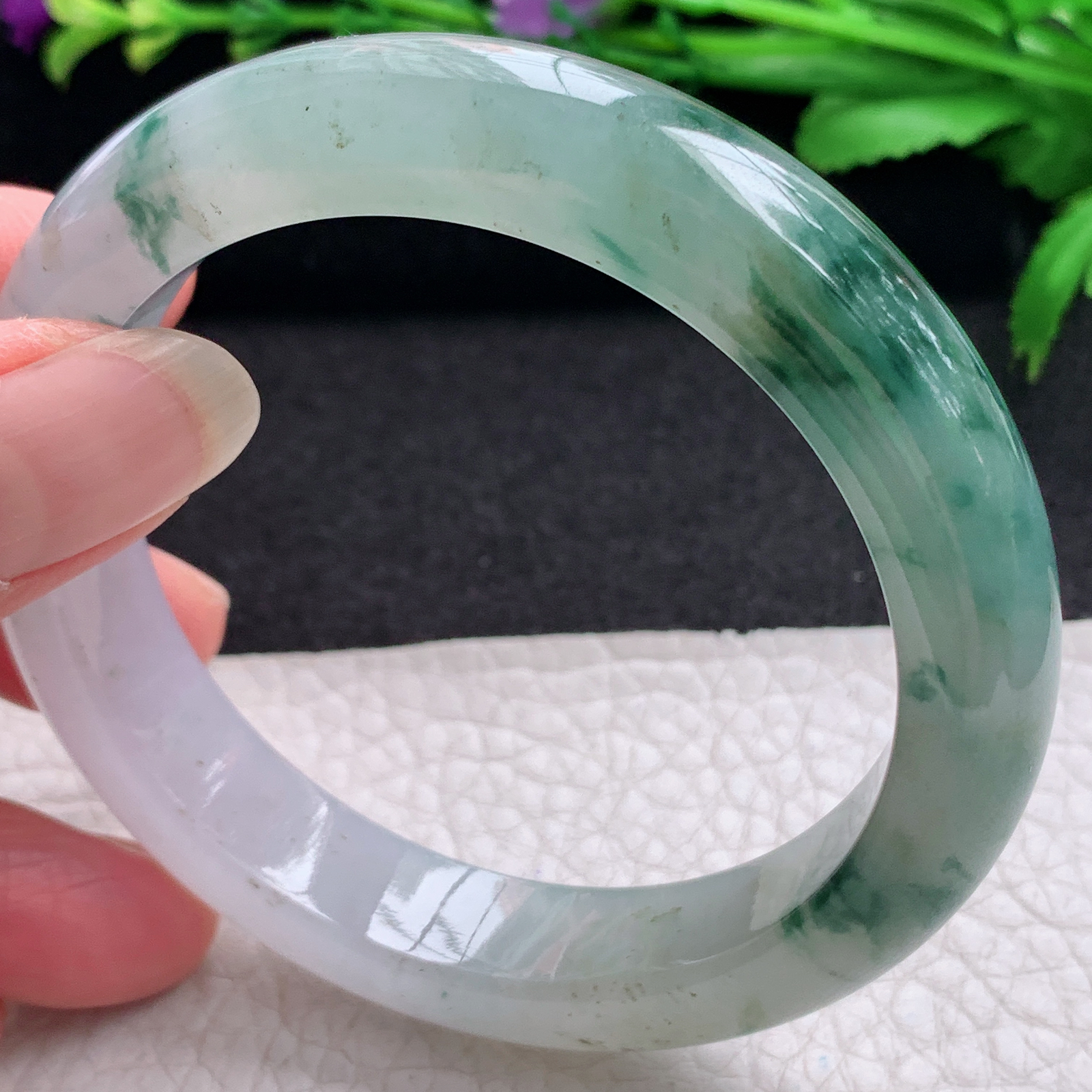 lpa飘逸款57*12.3*9平安镯 缅甸翡翠A货玉手镯精美冰飘花正圈玉手环