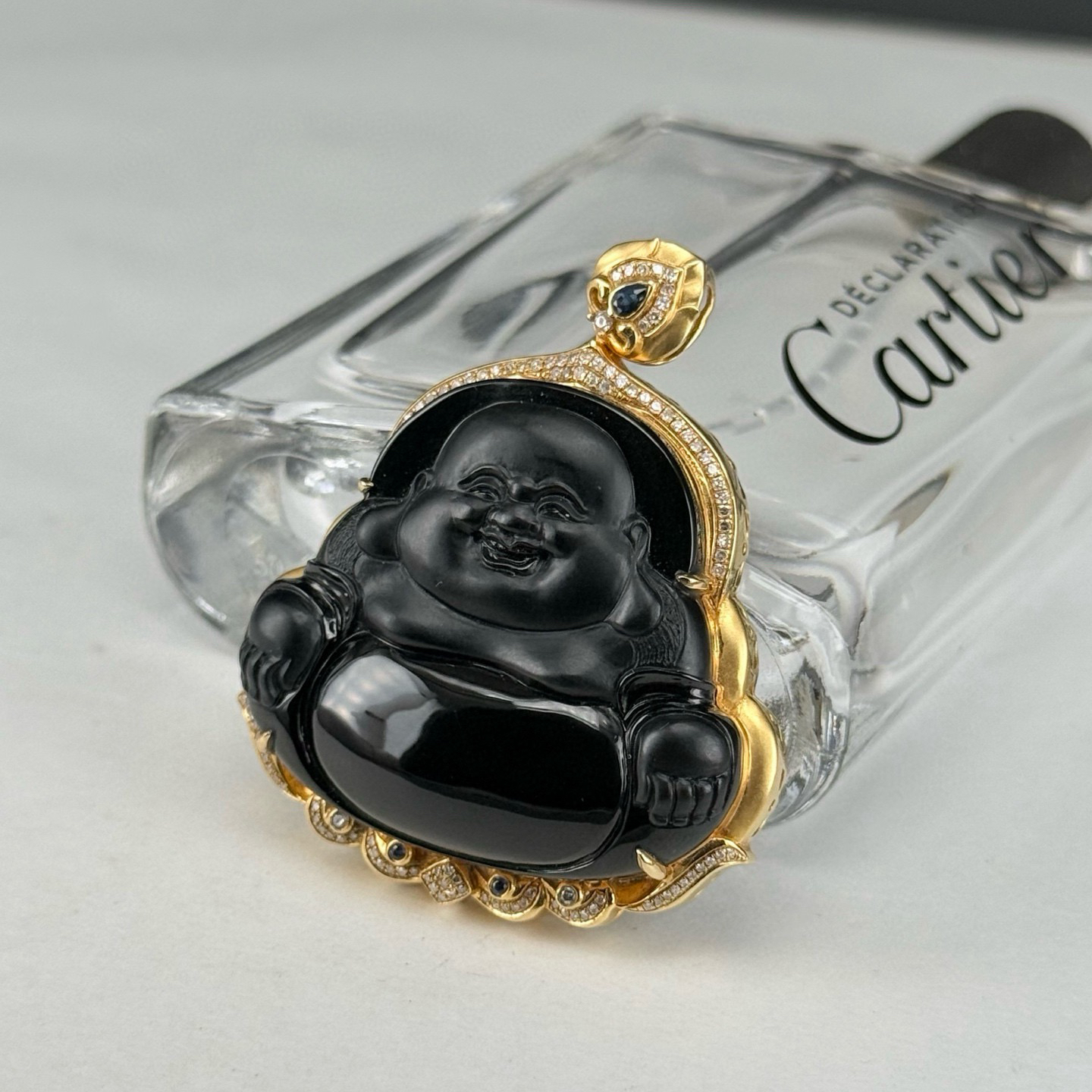 精品18k墨翠大肚佛 种好色正 黑度极好 打灯通透 油性十足  尺寸49.2