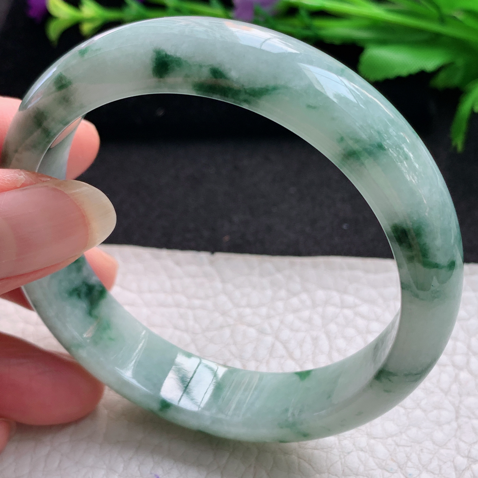 js实拍57.5*13.6*7.6平安镯 缅甸翡翠A货玉手镯精美飘花正圈玉手镯