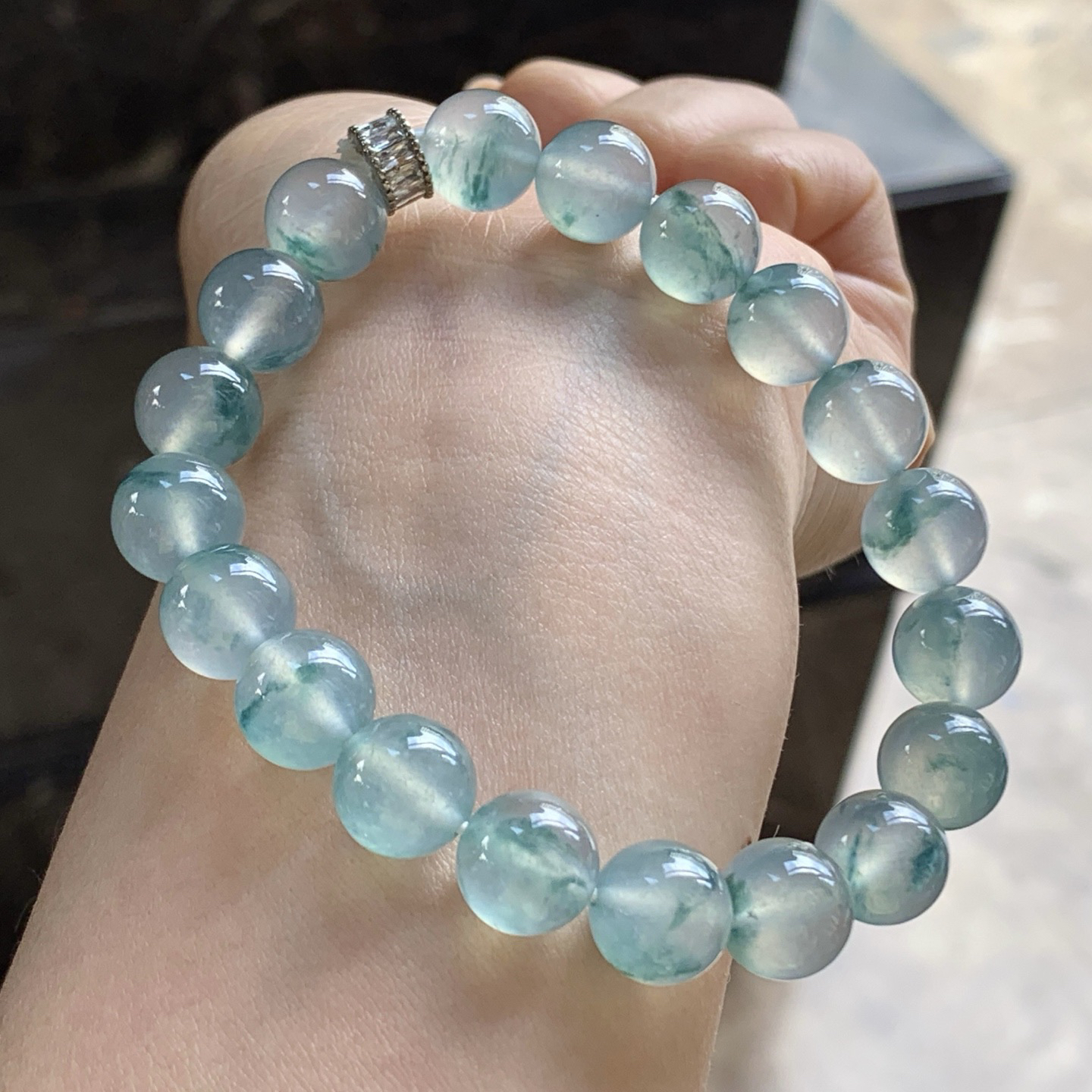 高冰蓝花手串^_^冰透 荧光十足