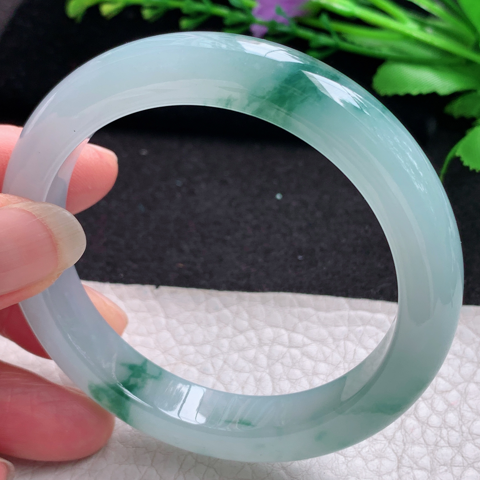 yh飘逸款55*11.5*8.6平安镯 缅甸翡翠A货玉手镯精美冰飘花宽边玉手镯