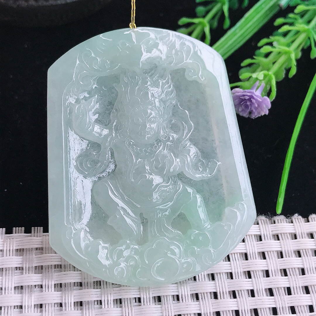 实拍A货翡翠55.5/45/5老坑冰润水灵冰晴底不动明王吊坠翡翠玉挂件