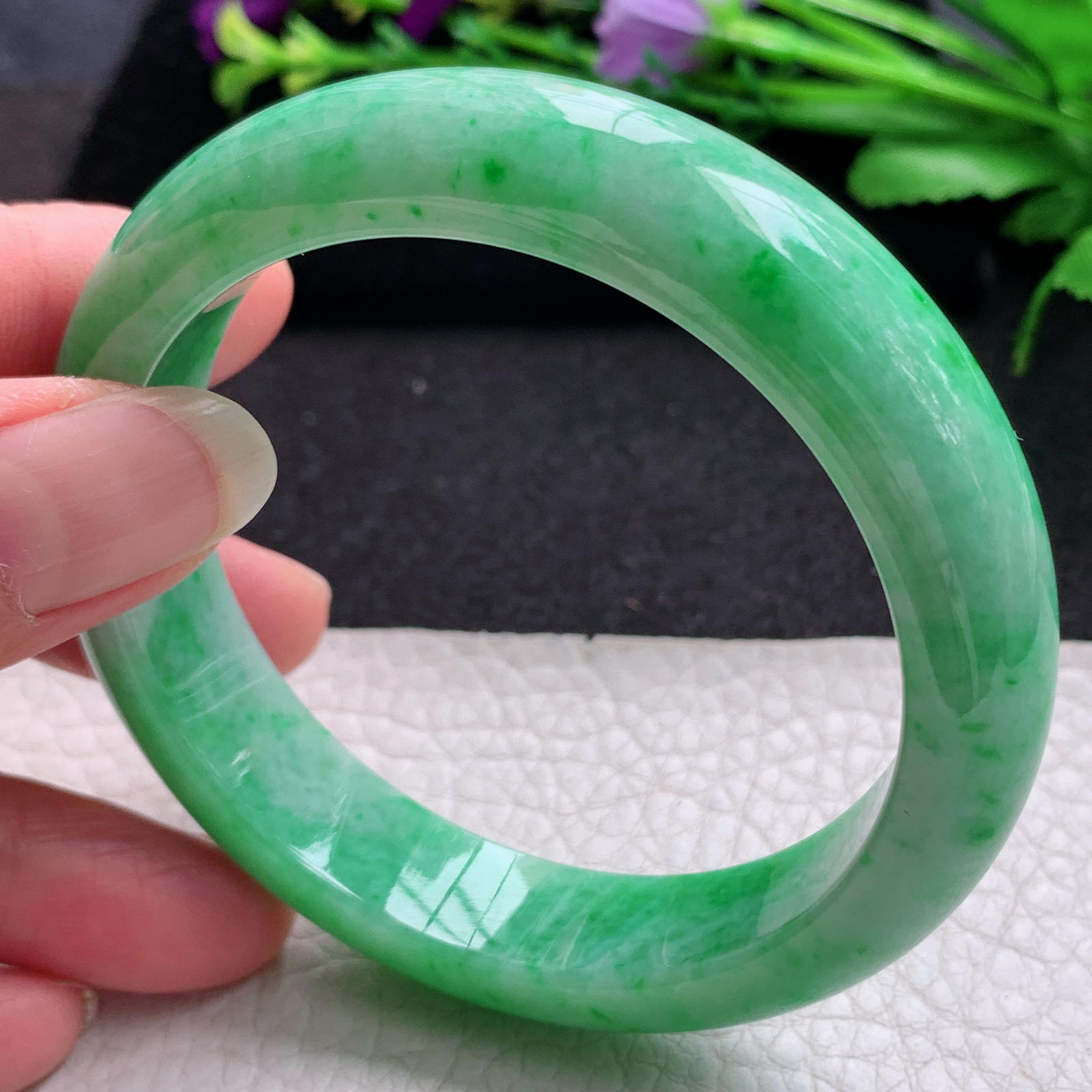 yh 实拍57.5*14*8.5平安镯 缅甸翡翠A货玉手镯精美满绿宽边玉手镯