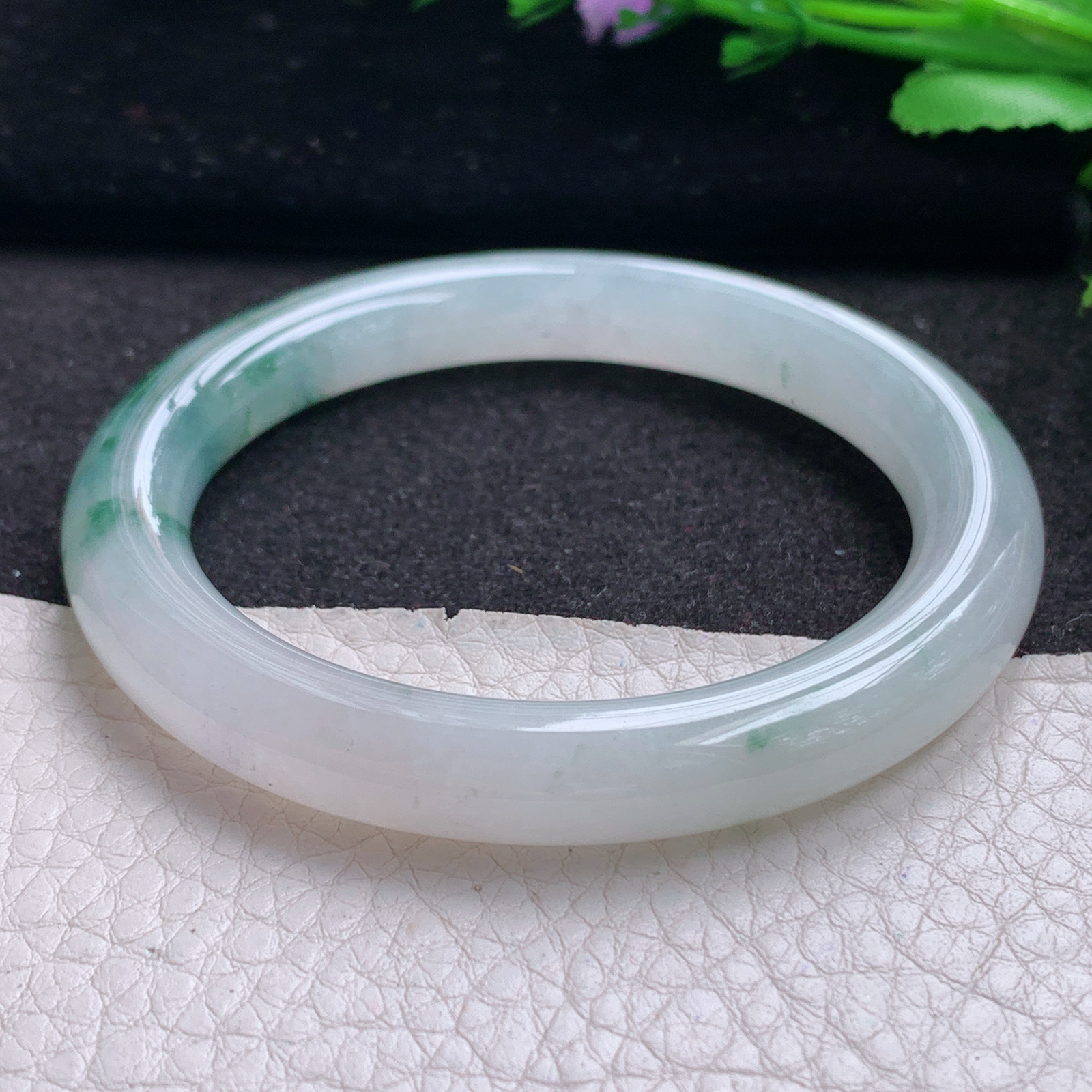 xc实拍53.5*9*美人镯 缅甸翡翠A货玉手镯精美冰飘花秀气圆条玉手镯