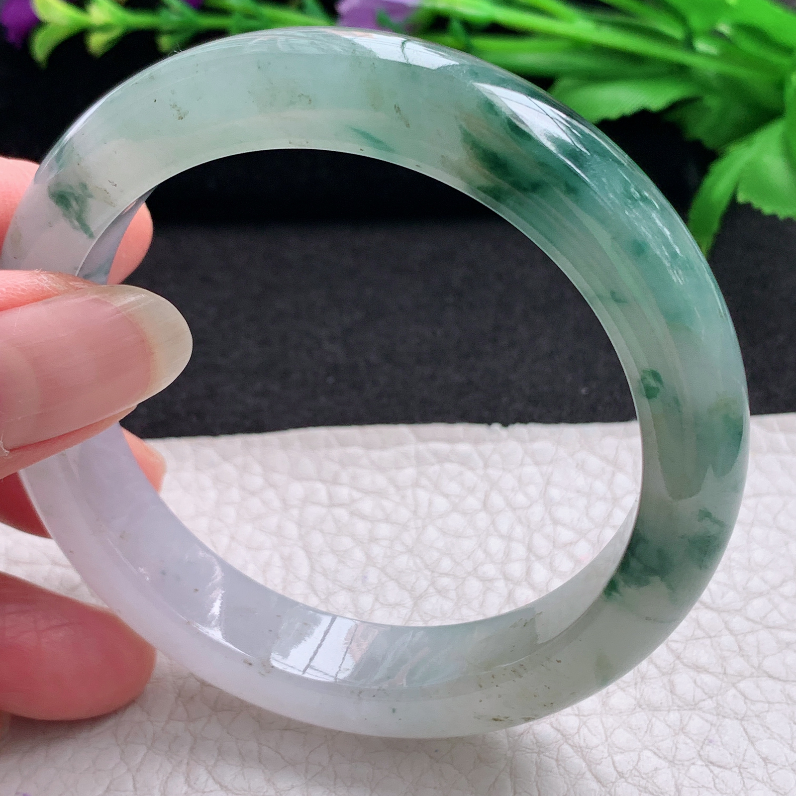 lpa飘逸款57*12.3*9平安镯 缅甸翡翠A货玉手镯精美冰飘花正圈玉手环