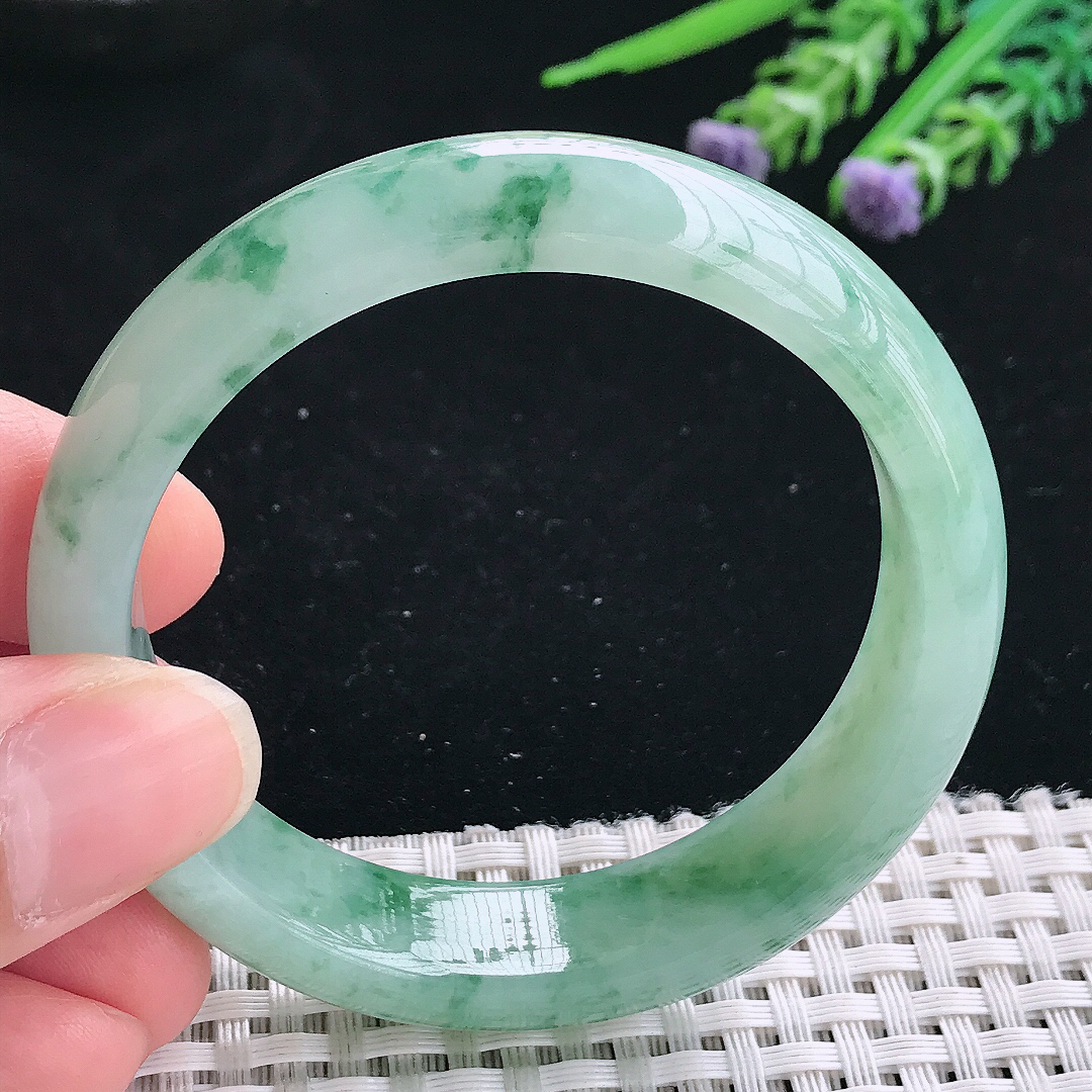 实拍天然翡翠52.5/13.5/7.2老坑冰胶果冻冰飘花手镯玉镯手环